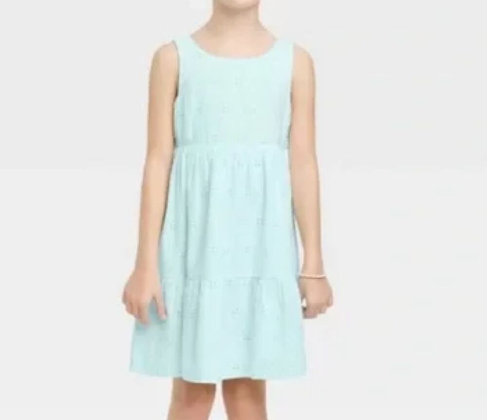 Cat & Jack Girls XL 14 Sleeveless Eyelet Dress Light Blue Cotton Summer Sundress